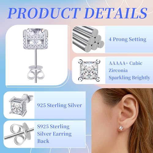 Moissanite Earrings Studs 1ct-3ct for Women/Men, 925 Sterling Silver with 18K White Gold Plated Hypoallergenic Flat Screw Back Birthday Gifts for Women Girlfriend Wife Engagement Jewelry - color: Square#4Ct-(2.0ct*2)