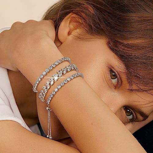 4 Pcs Tennis Bracelet Set Silver Plated Marquise Cubic Zirconia CZ Diamond Dainty Adjustable Silver Bracelets for Women Brides Stackable Fashion Jewelry Wedding Prom Gift - color: Gold-4PCS Tennis Bracelet Set