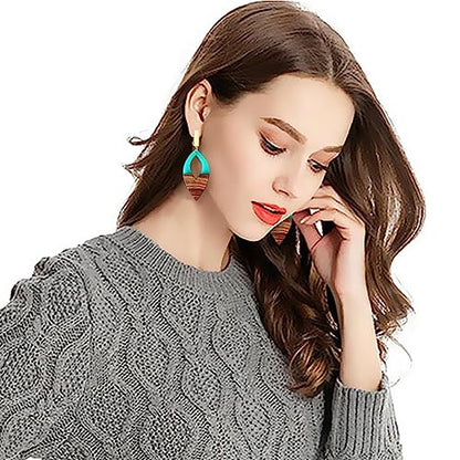 Wooden Geometric Clip On Earrings Women Gold Black Wood Non Pierced Ears Dangle Drop Earrings Triangle Leaf Comfortable Clip Earrings Jewelry - color: Leaf_Cyan+Gold