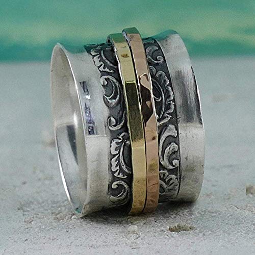 Vintage Design Mixed metal Ring Two Tone Solid 9k Yellow & Rose Gold And 925 Sterling Silver Spinner Ring Hammered Silver Ring Made in Israel