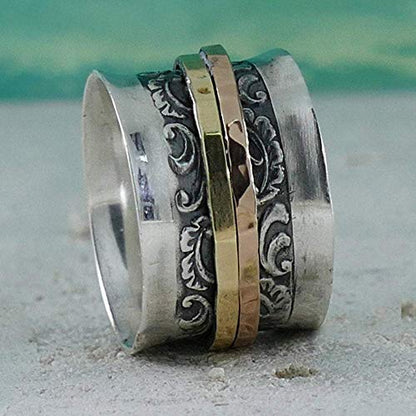 Vintage Design Mixed metal Ring Two Tone Solid 9k Yellow & Rose Gold And 925 Sterling Silver Spinner Ring Hammered Silver Ring Made in Israel