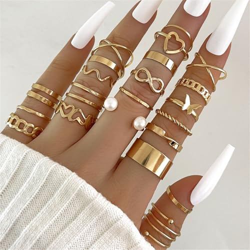 22Pcs Gold Plated Knuckle Rings Set for Women,Boho Dainty Stackable Joint Finger Midi Ring Pack Simple Cute Pearl Butterfly Heart Rings Adjustable Statement Jewelry Mixed Size - color: Gold