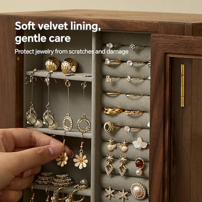 360 Rotating Design Wooden Jewelry Box for Women | Large Jewelry Organizer with Velvet Lining, 5 Drawers, Transparent Glass Doors, Black Walnut Wood Grain - size: Rotation