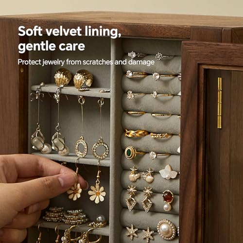 360 Rotating Design Wooden Jewelry Box for Women | Large Jewelry Organizer with Velvet Lining, 5 Drawers, Transparent Glass Doors, Black Walnut Wood Grain - size: Rotation