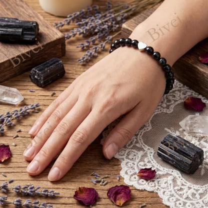 Bivei Crystal Stretch 6mm Bracelets for Women | Handmade Natural Stone Beaded Stretch Bracelet, Stainless Steel Heart Bead, Tranquility Yoga Gift Jewelry for Women - color: Black Tourmaline - Protective