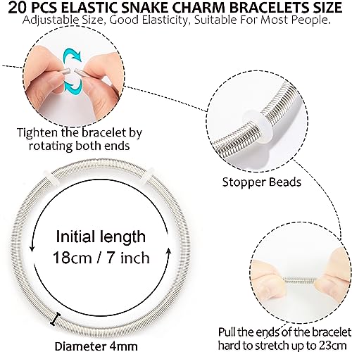 ZYEHXED 20 Pieces Snake Charm Bracelet, 4mm Expandable Charm Bangle Bracelets Silver Adjustable Friendship Snake Bracelet Chain DIY Charm Bracelet for Women Jewelry Christmas Birthday Gifts - color: 20Pcs Elastic Charm Bracelets