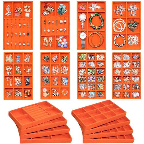 Jewelry Organizer Tray Set of 8, Stackable Velvet Jewelry Trays with Removable Dividers, Drawer Inserts Earring Organizer for Women, Jewelry Storage Display Case for Rings Necklaces Bracelets, Orange - color: Orange, size: 8 Pack