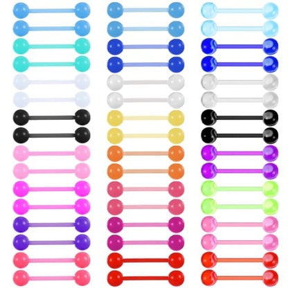 48Pcs Tongue Piercing Jewelry 14G Glow in Dark Acrylic Straight Tongue Rings Flexible Tongues Barbell Candy Color Tongues Rings for Women Men