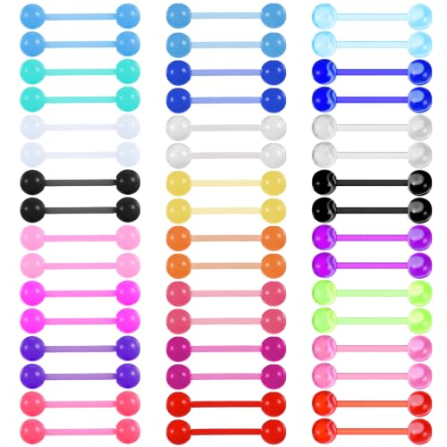 48Pcs Tongue Piercing Jewelry 14G Glow in Dark Acrylic Straight Tongue Rings Flexible Tongues Barbell Candy Color Tongues Rings for Women Men