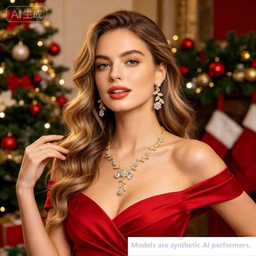 Kamirola Women's Wedding Jewelry Leaf Cluster Flower Crystal Dangle Earrings Pendant Necklace Set for BridalCrystal Bridal Jewelry Set - color: Gold White