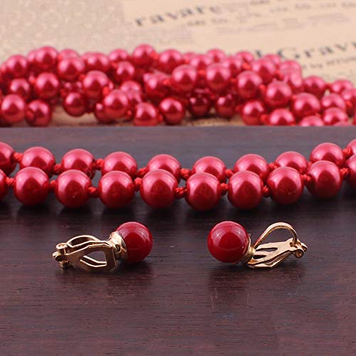 Handmade Faux Pearl Necklace and Clip on Earrings Jewelry Sets for Women Bib Choker Collar Necklace - color: 140cm Red Necklace+Clip Earrings