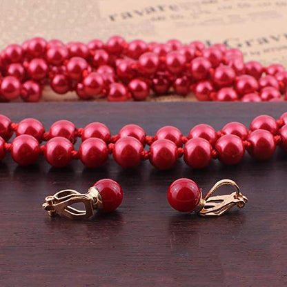 Handmade Faux Pearl Necklace and Clip on Earrings Jewelry Sets for Women Bib Choker Collar Necklace - color: 140cm Red Necklace+Clip Earrings