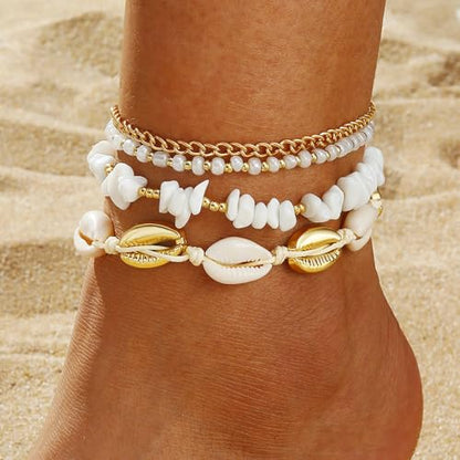 Qceasiy Shell Ankle Bracelets for Women, Boho Beaded Beach Anklet Set | Seashell, Heart, Starfish and Conch Styles, Gold-Tone, Stretch or Adjustable Fit, Layered Beach Vacation Jewelry Gifts - color: Gold 2