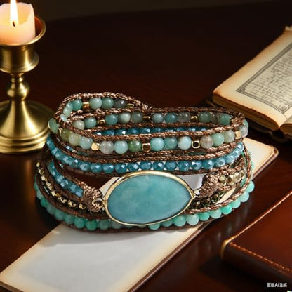 Women Wrap Bracelet Boho Natural Jasper Crystal Stone Beads Strand Bracelets - color: Style 05-Amazonite #2