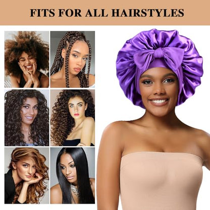 2+3 Large Satin Bonnets with Scrunchies for Women, Hair Bonnet Sleeping Tie Bonnet for Braids Curly Hair - color: J - Purple, Royal