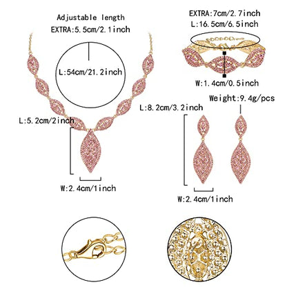 Flyonce Wedding Jewelry Set Rhinestone Crystal Bridal Leaf Necklace Drop Dangle Chandelier Earrings Sets for Women - color: Light Pink Gold-Tone