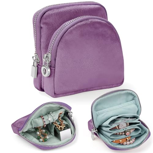 Small Travel Jewelry Case 2-in-1 Detachable Velvet Jewelry Bag Set | Portable Dual-Pouch Jewelry Organizer with Zippered Pouches and Divided Storage for Rings, Earrings, Bracelets & Accessories - color: Lavender Purple
