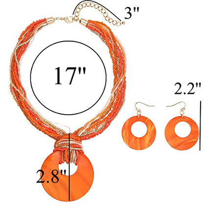 Coiris Multi Strand Statement Colorful Beaded Necklace with Big Circle Shell Pendant for Women - color: Orange