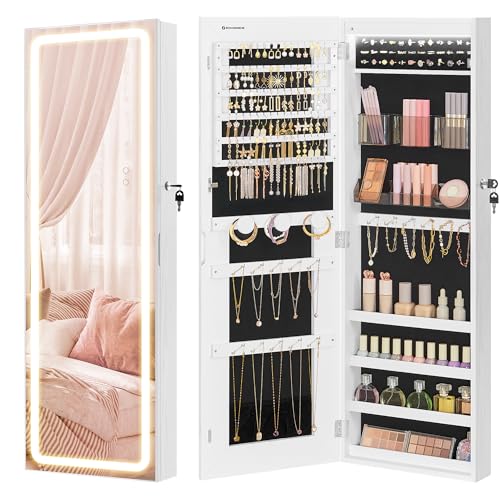 SONGMICS LED Mirror Jewelry Cabinet Armoire, Wall or Door Mounted Jewelry Storage Organizer, Hanging Lockable Frameless Mirror Cabinet with 2 Plastic Cosmetic Organizers, Gift Idea, White UJJC011W01 - color: White, style: 42.5-Inch with Smart Mirror Pro