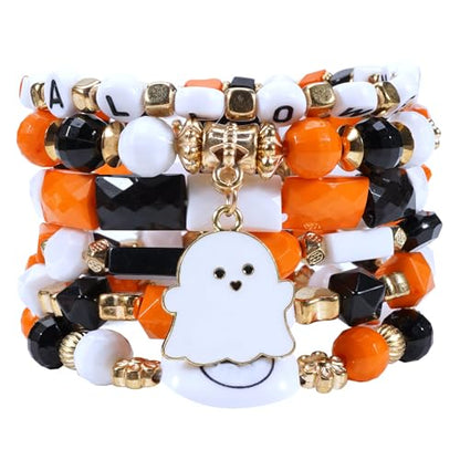 Ardorchid Halloween Bracelets for Women Pumpkin Ghost Steleton Bat Skull Beaded Stackable Stretchy Bracelet Rugby Thanksgiving Christmas Heishi Bracelets - color: Halloween Bracelet -2