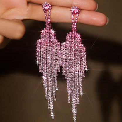 Rhinestone Earrings Prom Earrings for Women Sparkly Long Tassel Chandelier Drop Statement Earring Jewerly Gifts Wedding Party Prom Dresses Accessories - color: A3: pink prom earrings