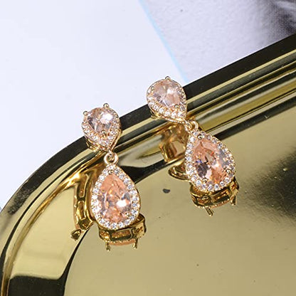 Pave Teardrop Earrings for Wedding Sterling Silver Double Pear Shaped CZ Cubic Zirconia Crystal Rhinestone Birthstone Dangle Earrings Bridal Jewelry for Bride Bridesmaids - color: Champagne-14K Gold Plated