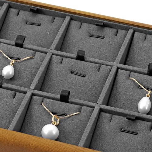 Oirlv Dark Grey Wood Jewelry Pendant Display Tray | Dark Grey Solid Wood Frame, Soft Microfiber Lining, 9.84X17X1.18in, Elegant Display, Perfect for Necklaces and Pendants - color: Grey, size: 12 insert