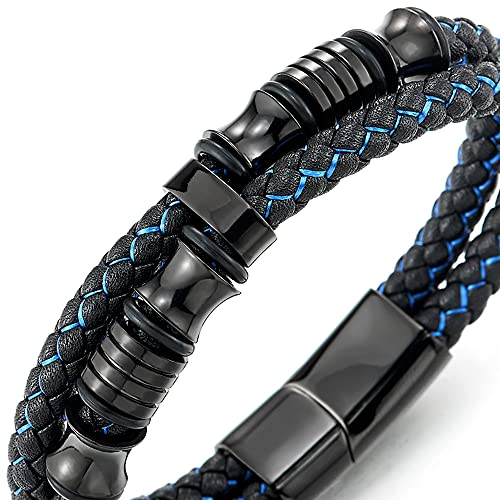 COOLSTEELANDBEYOND Mens Double-Row Braided Leather Bracelet Bangle Wristband with Black Stainless Steel Ornaments - color: H-Black Blue