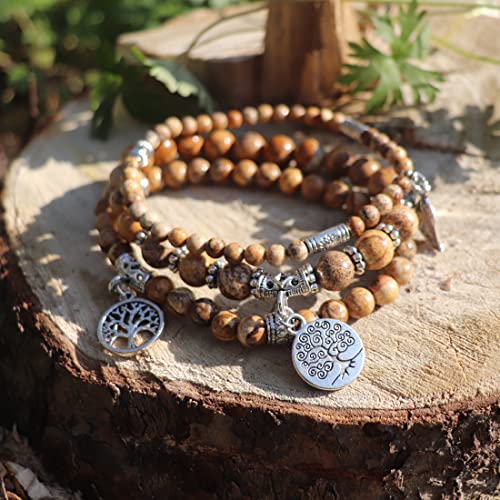 YGLINE Tree of Life Yoga Healing Stone Bracelets,Multilayer Lotus Chakra Stone Reiki Bracelet Sets,Anxiety Crystal Natural Stone,for Women Stress Relief - color: Picture Jasper-3w