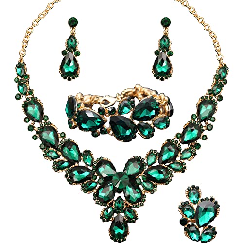 Women's Wedding Bridal Austrian Crystal Glass Teardrop Statement Necklace Dangle Earrings Bracelet Ring Wedding Party Jewelry Set for Bridal Bridesmaid - color: Green-Gold Plated