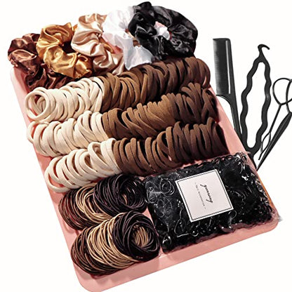 YANRONG Brown Hair Ties For Women Girls,Elastic Ponytail Holders Rubber Band For Thick Hair & Thin Hair Fashion Hair Accessories Set（809PCS） - color: Brown