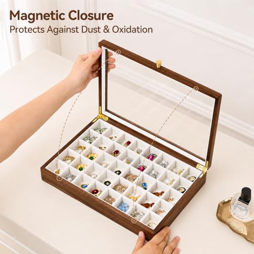 Black Walnut Wooden Jewelry Box, 40 Grid Earring Display Case for Women | Solid Wood, Earrings Organizer, Rings Stud Holder, Jewelry Tray, Glass Lid, Handcrafted, Velvet Lined, Gifts for Girls Mom - color: 40 Grids Jewelry Box