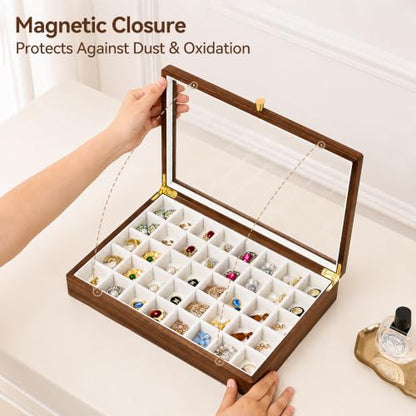 Black Walnut Wooden Jewelry Box, 40 Grid Earring Display Case for Women | Solid Wood, Earrings Organizer, Rings Stud Holder, Jewelry Tray, Glass Lid, Handcrafted, Velvet Lined, Gifts for Girls Mom - color: 40 Grids Jewelry Box