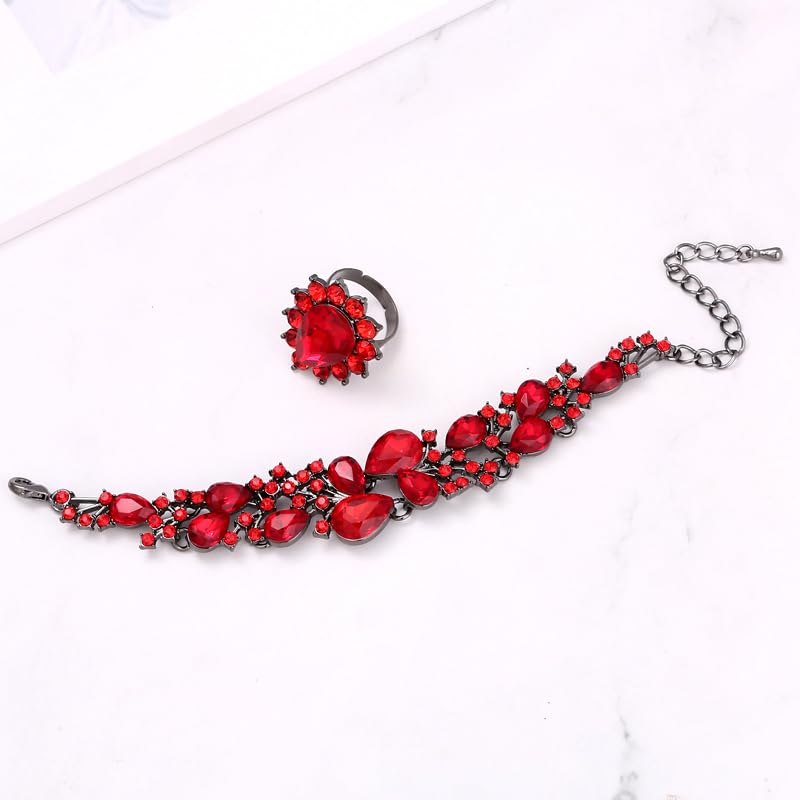 Molie Bridal Austrian Crystal Necklace and Earrings Jewelry Set Gifts fit with Wedding Dress - color: 4Pcs/Set-Red-Black tone