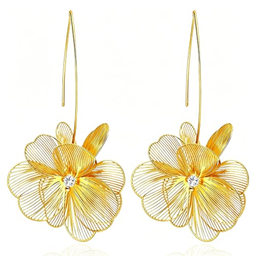 Gold Silver Flower Hoop Earrings for Women 14K Gold Plated Large Layered Flower Dangle Drop Earrings Wedding Party Holiday Birthday Gifts Lightweight Trendy Bohemian Jewelry Gift for Her - color: Golden-2