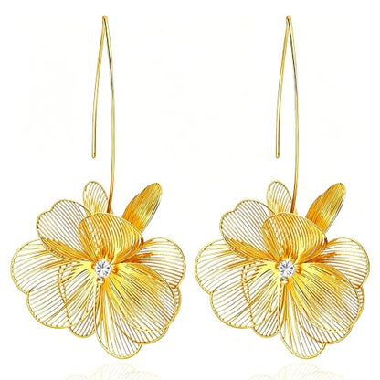 Gold Silver Flower Hoop Earrings for Women 14K Gold Plated Large Layered Flower Dangle Drop Earrings Wedding Party Holiday Birthday Gifts Lightweight Trendy Bohemian Jewelry Gift for Her - color: Golden-2