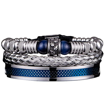 3pcs/set Classical Handmade Braiding Bracelet Hip Hop Men Pave CZ Leopard Head Roman Numeral Bracelet Stainless Steel Jewelry - color: 3pcs V Blue