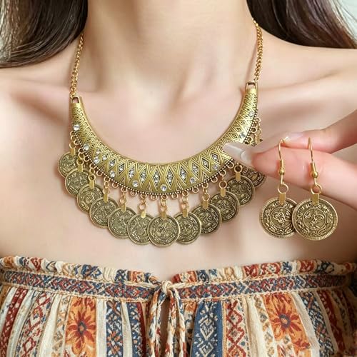 Chunky Coin Necklace Earrings Set,Bohemia Plated Gold Coin Tassel Personalized Choker Earrings,Ethnic Gypsy Statement Jewelry Set for Women - color: Gold