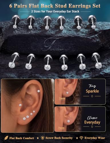 Fansilver 20G Hypoallergenic Flat Back Earrings for Women Men Silver 14K Gold Stainless Steel Stud Earrings Birthstone Cubic Zirconia Studs Surgical Steel Cartilage Earrings for Sensitive Ears - color: Silver Shiny