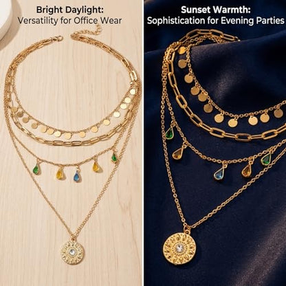QCWN Gold Layered stacked Necklaces for women 3PS Chunky Statement Necklaces Stack Mixed Metal Charm Necklace for Women Trendy Coin Jewelry Gift for Her Gifts - style: Layered stack 9
