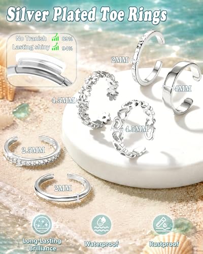 Besteel 6 PCS Toe Rings for Women - 14K Gold Filled Non Tarnish Waterproof | Adjustable Silver Toe Ring Simple Open Band Hug CZ Chunky Flower Toe Rings Set Trendy Summer Beach Foot Jewelry for Women - style: Silver: heart&flower toe ring