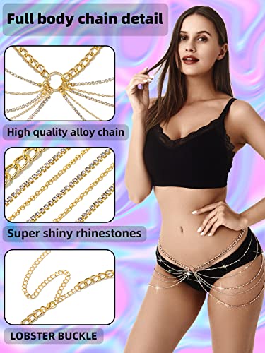 Rhinestone Body Chains Jewelry For Women And Girls Sexy Belly Waist Chain Bikini Beach Accessories Suitable for a Variety of Carnival scenes - style: Medium-34INCH GOLD