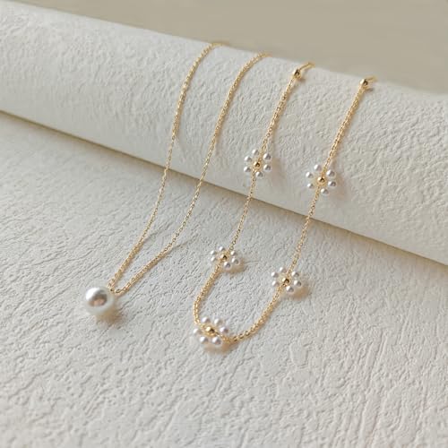 OGD Gold Pearl Necklace Set for Women 14K Plated Layered Daisy Choker Gift - color: Gold Daisy Pearl-2PCS