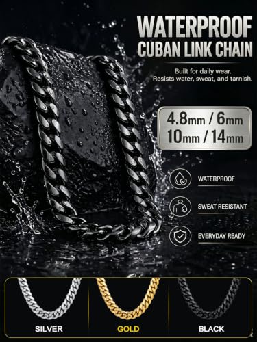 ChainsPro Stainless Steel Mens Cuban Link Chains, Hip Hop Miami Necklace | Daily Wear Jewelry with Gift Box, Silver/Gold Plated/Black, Sweatproof & Waterproof, Hypoallergenic Men Chains, No Tarnish - color: Black