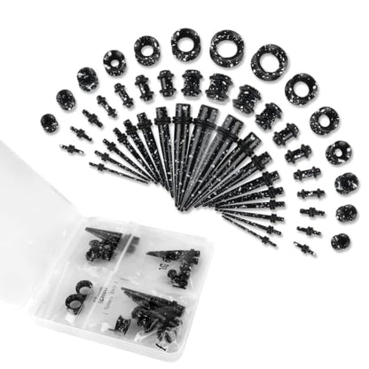 50 Pcs Ear Stretching Kit, Acrylic Gauges for Ears 14G-00G | Lightweight Tapers+ Plugs+ Silicone Tunnels, Gauge Stretching Kit, Piercing Earring Jewelry for Men, Women, Starter Expanders - color: Black & White Splatter