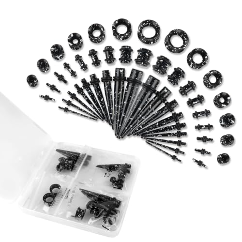 50 Pcs Ear Stretching Kit, Acrylic Gauges for Ears 14G-00G | Lightweight Tapers+ Plugs+ Silicone Tunnels, Gauge Stretching Kit, Piercing Earring Jewelry for Men, Women, Starter Expanders - color: Black & White Splatter
