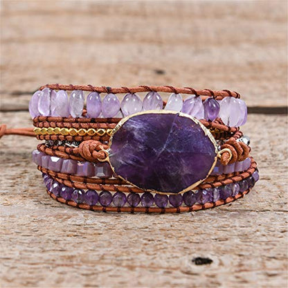 YGLINE Boho Handmade Wrap Leather Tube Crystal Stone Bracelet for Women - color: Amethyst
