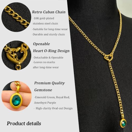 Heart Slip Chain Necklace for Women, Cuban Chain with Removable Heart O-Ring and Crystal Pendant, Adjustable Y Lariat Necklace - color: Gold-Green-27