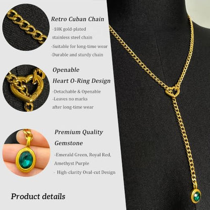 Heart Slip Chain Necklace for Women, Cuban Chain with Removable Heart O-Ring and Crystal Pendant, Adjustable Y Lariat Necklace - color: Gold-Green-27