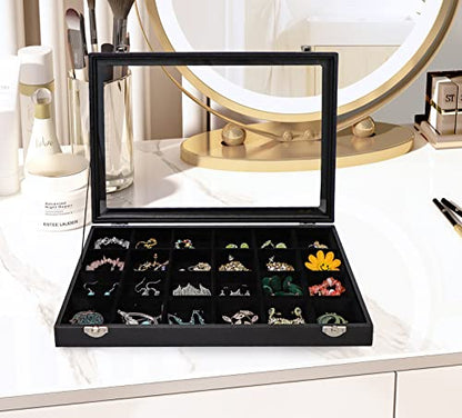 Wudygirl Earring Organizer Leather Jewelry Tray with Lid 13.7"x9.4" Black | 24 Grid Jewelry Organizer with Velvet Liner, Ideal for Jewelry Storage, Dresser Drawer or Gift, Dustproof Design - style: 24 Grid Tray